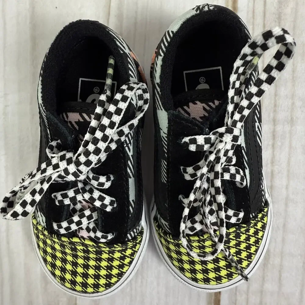 Vans Old Skool Toddler Sneakers Black Yellow Houndstooth Plaid Checkered 5C